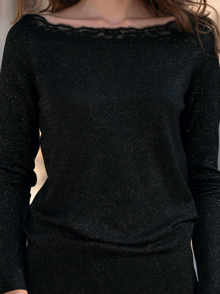 Lace-Trimmed Shimmering Boat Neck Top