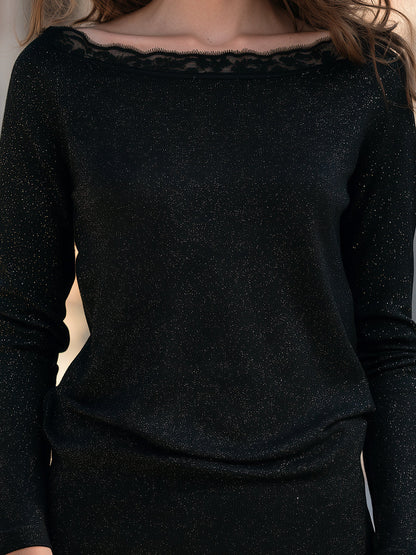 Lace-Trimmed Shimmering Boat Neck Top