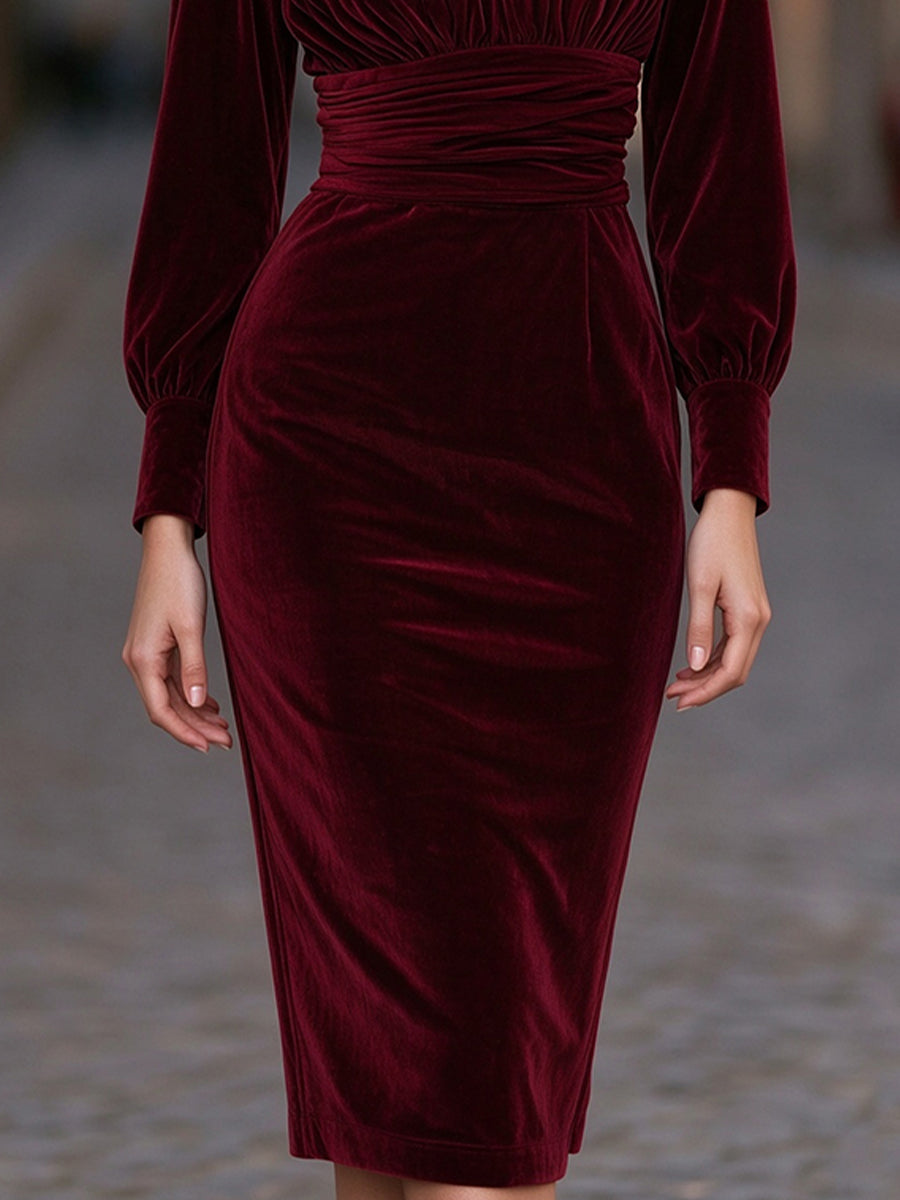 Draped-Collar Ruched Waist Velvet Midi Dress