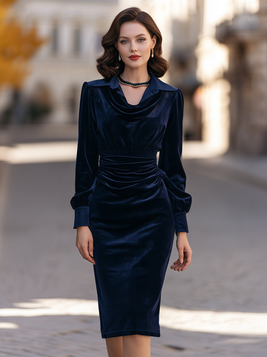 Draped Cowl Neck Satin Trim Velvet Midi Dress