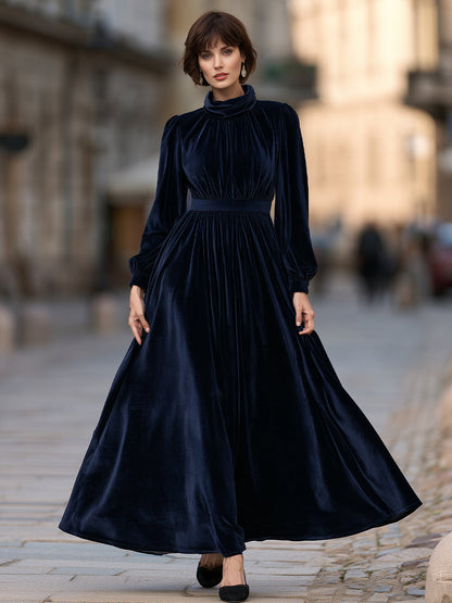 High-Neck Gathered Waist Long Velvet Maxi Dress