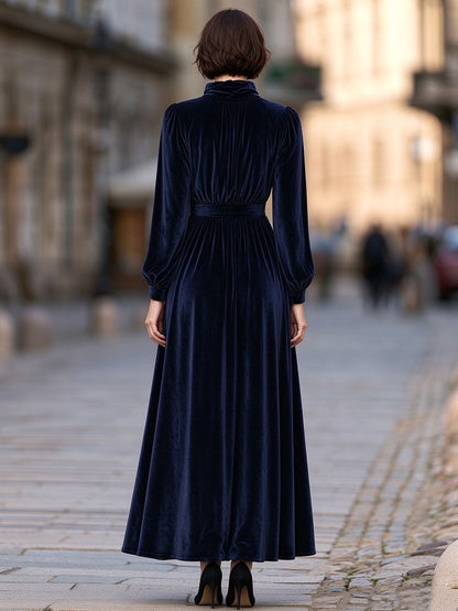 High-Neck Gathered Waist Long Velvet Maxi Dress