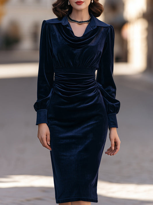 Draped Cowl Neck Satin Trim Velvet Midi Dress