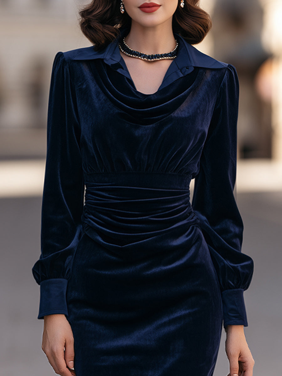 Draped Cowl Neck Satin Trim Velvet Midi Dress