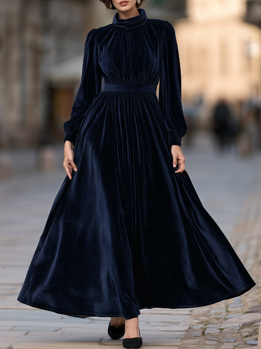 High-Neck Gathered Waist Long Velvet Maxi Dress