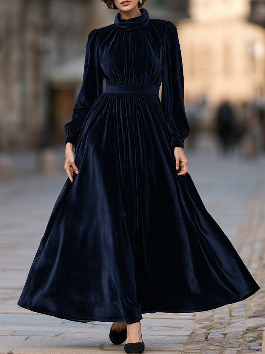 High-Neck Gathered Waist Long Velvet Maxi Dress