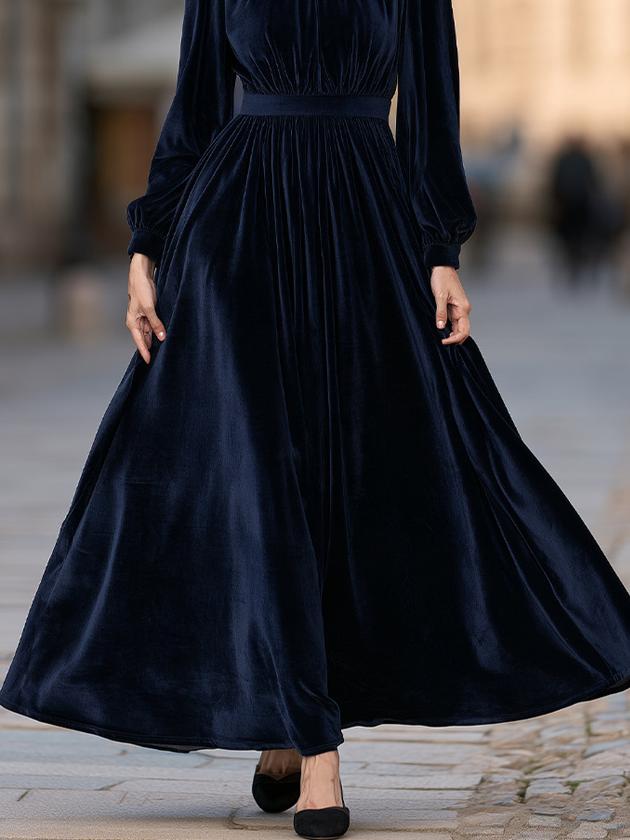 High-Neck Gathered Waist Long Velvet Maxi Dress