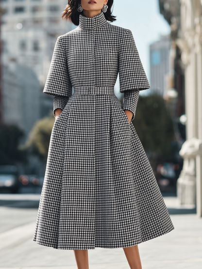 Houndstooth High Neck Layered Sleeve Belted Wool Midi Coat