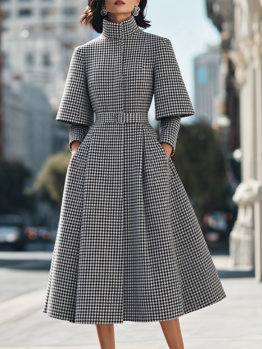 Houndstooth High Neck Layered Sleeve Belted Wool Midi Coat
