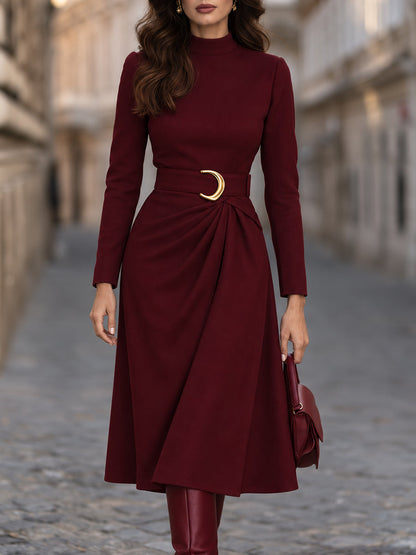 Belted Mock-Neck Draped Midi Dress