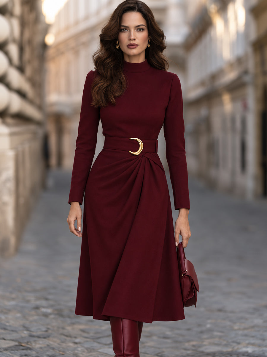 Belted Mock-Neck Draped Midi Dress