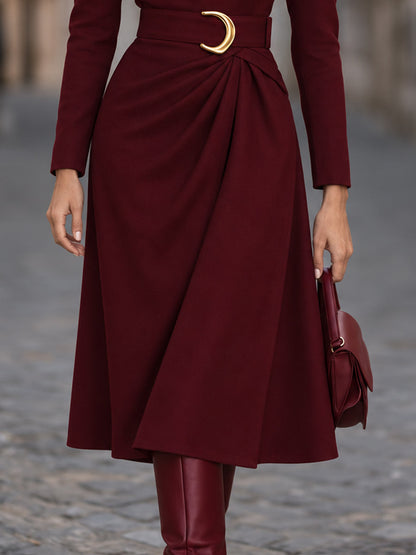 Belted Mock-Neck Draped Midi Dress