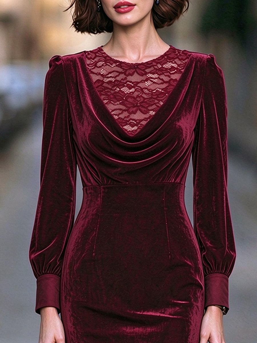 Lace Insertion Cowl Neck Velvet Midi Dress