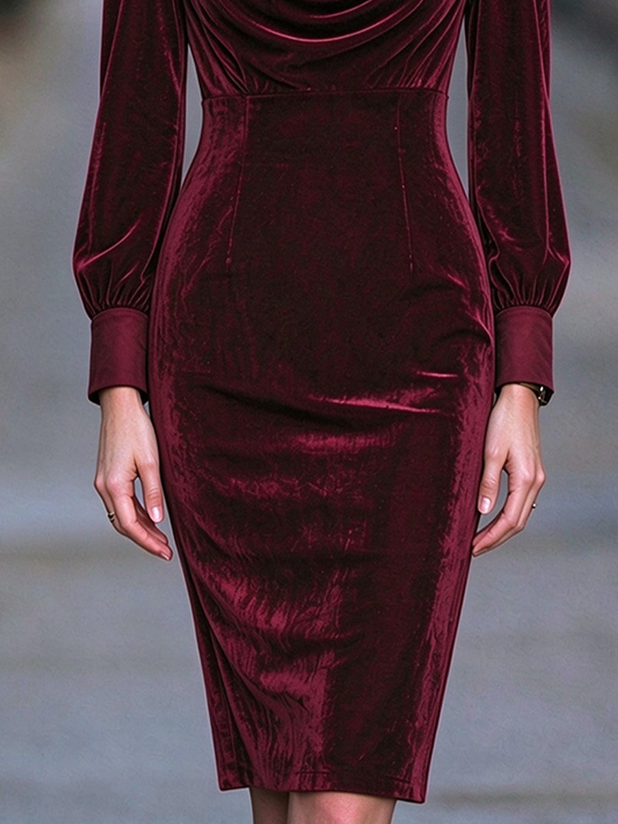 Lace Insertion Cowl Neck Velvet Midi Dress