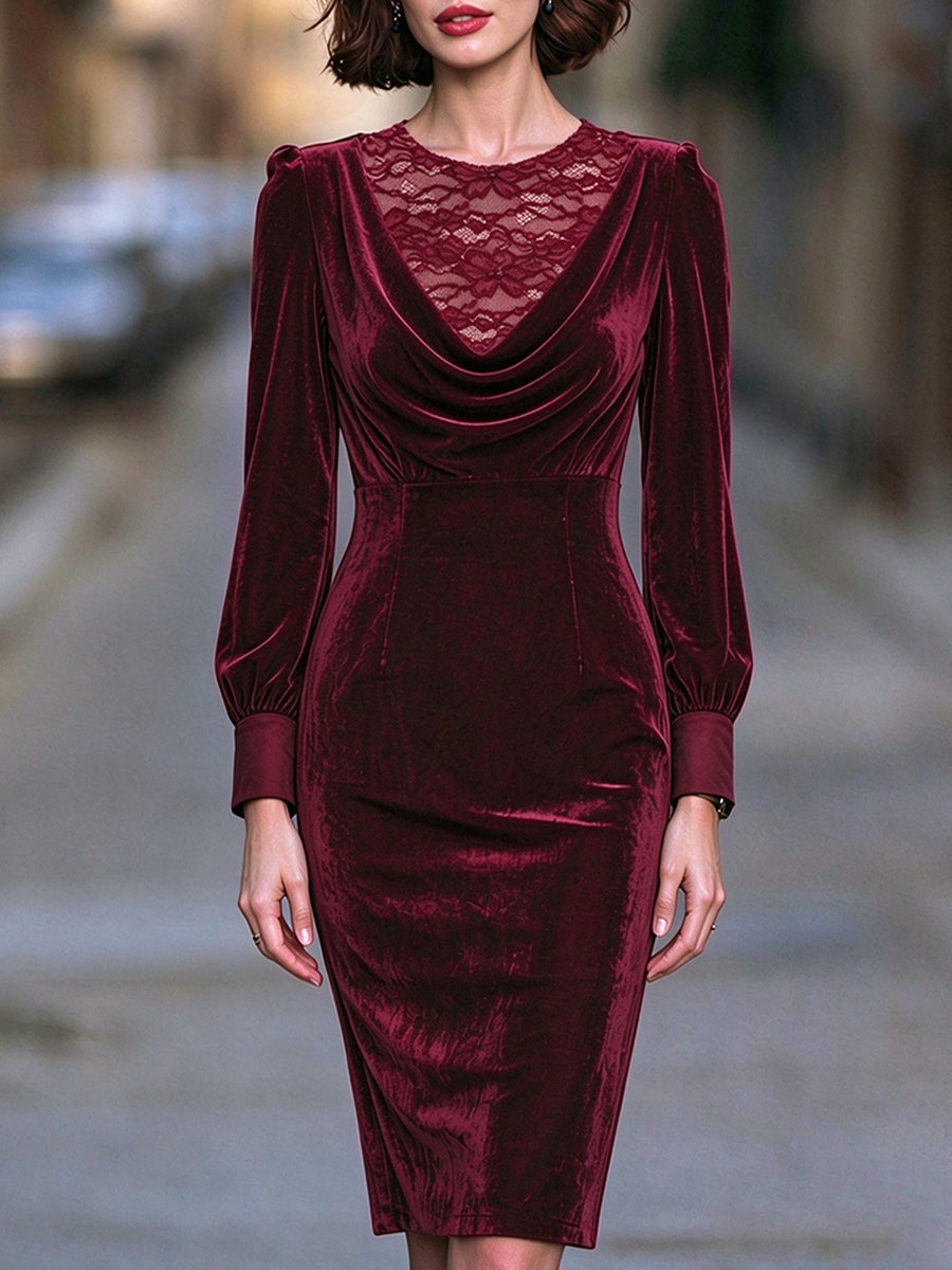 Lace Insertion Cowl Neck Velvet Midi Dress