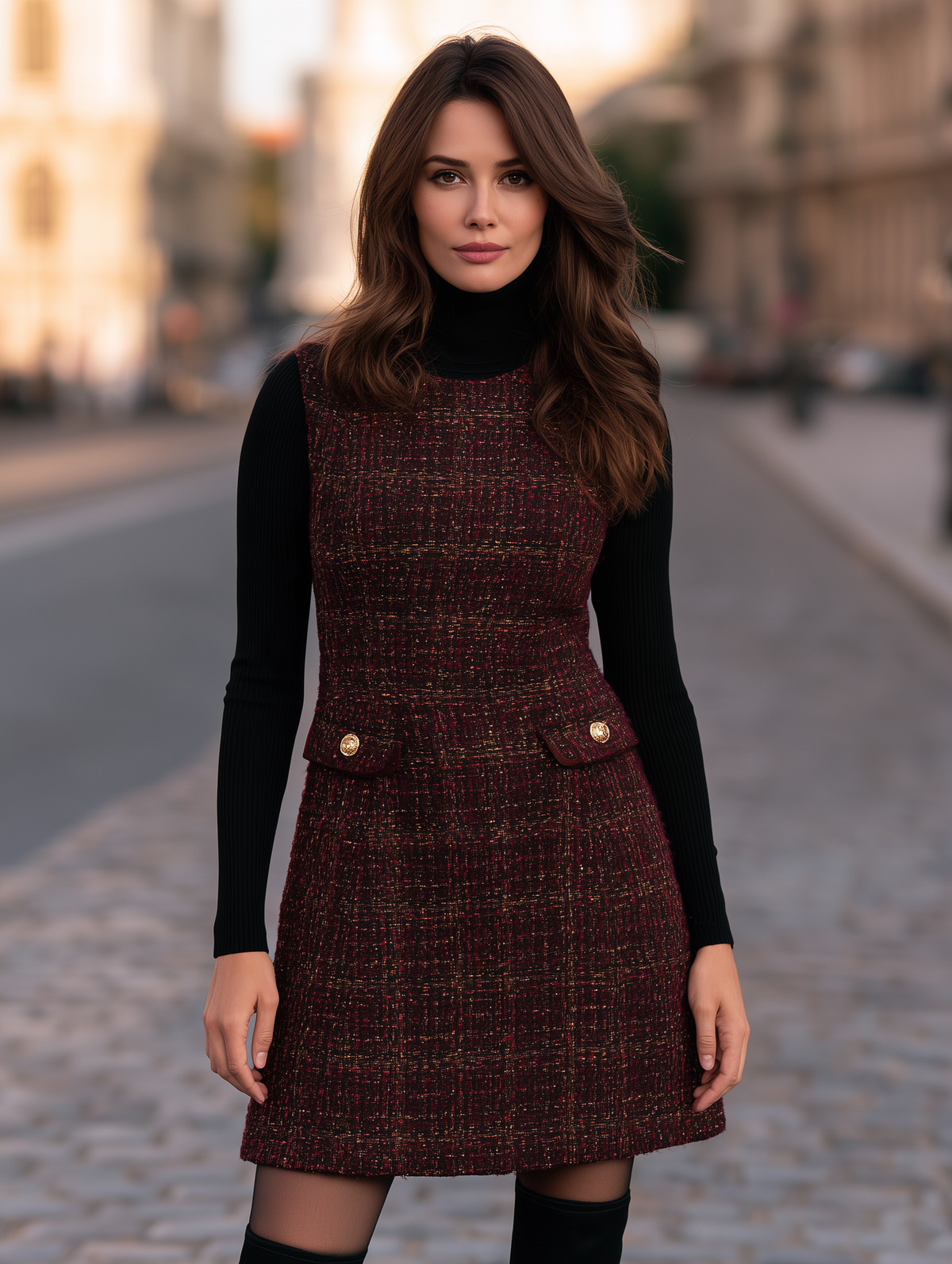 Tweed Pinafore Dress And Turtleneck Set