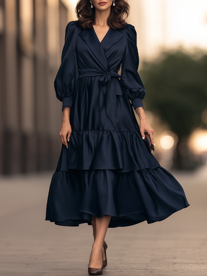 Lapel Collar Belted Tiered Maxi Dress
