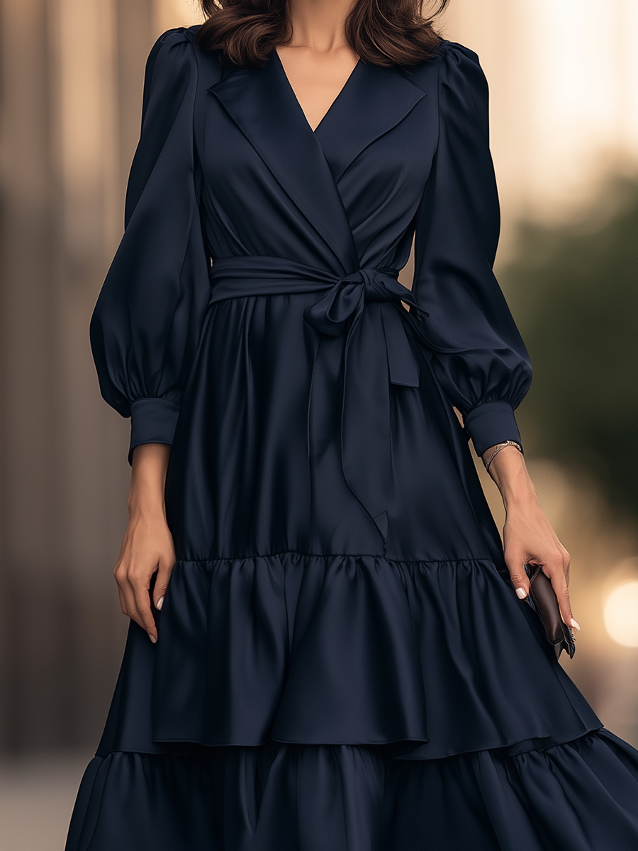 Lapel Collar Belted Tiered Maxi Dress