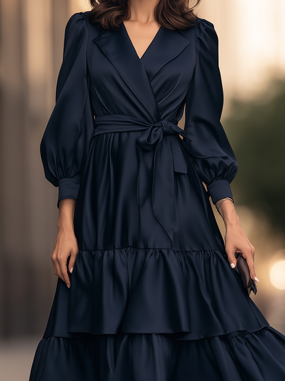 Lapel Collar Belted Tiered Maxi Dress