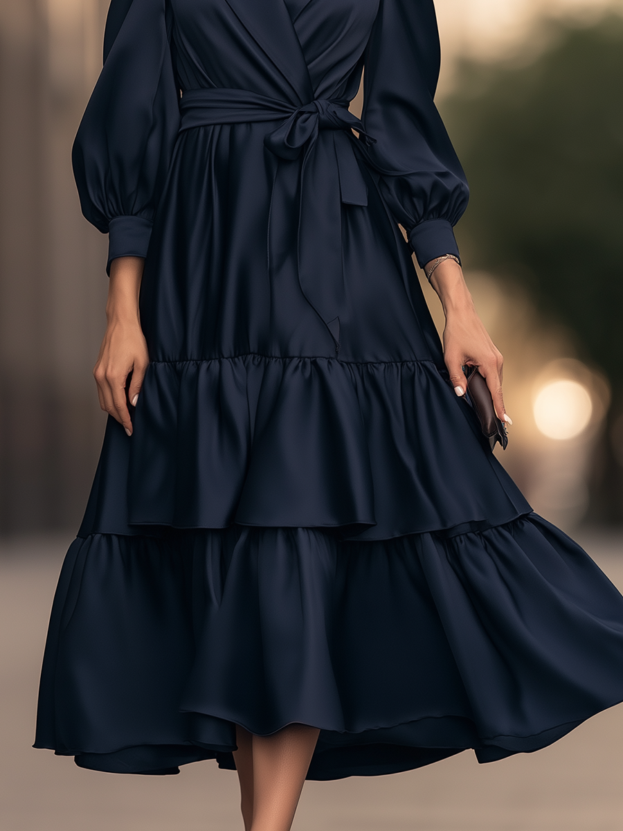 Lapel Collar Belted Tiered Maxi Dress