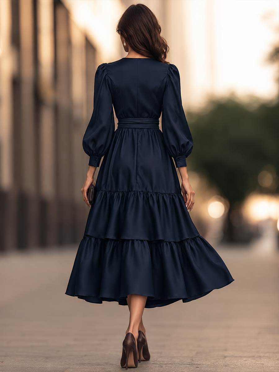 Lapel Collar Belted Tiered Maxi Dress