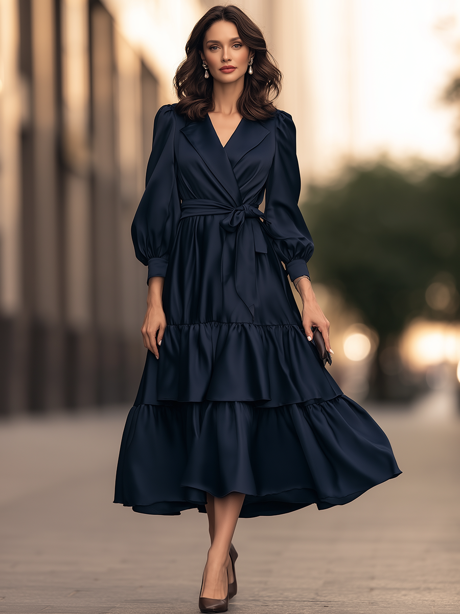 Lapel Collar Belted Tiered Maxi Dress