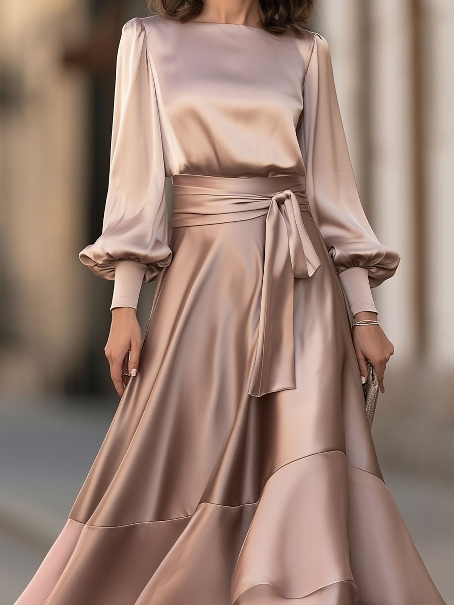 Bishop Sleeve Tie Waist Tiered Maxi Dress