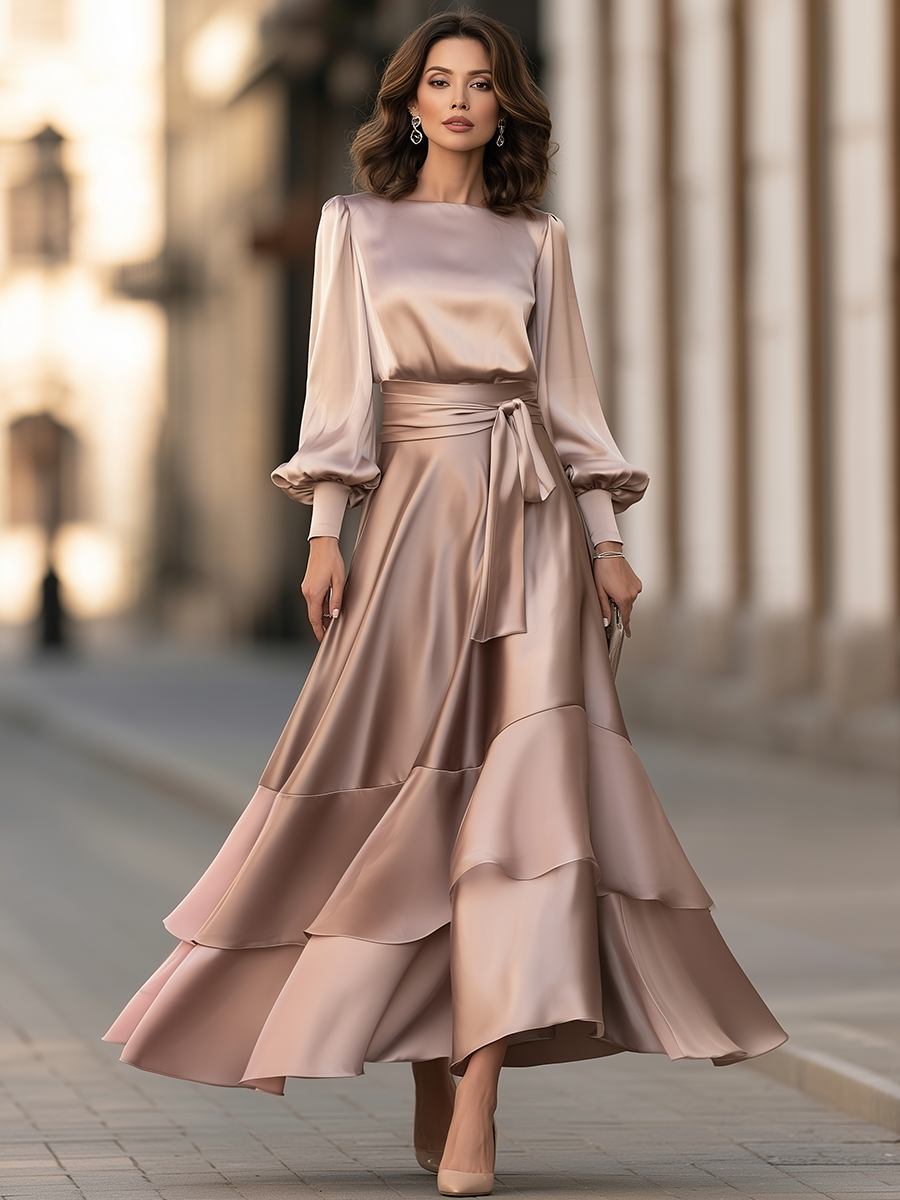 Bishop Sleeve Tie Waist Tiered Maxi Dress