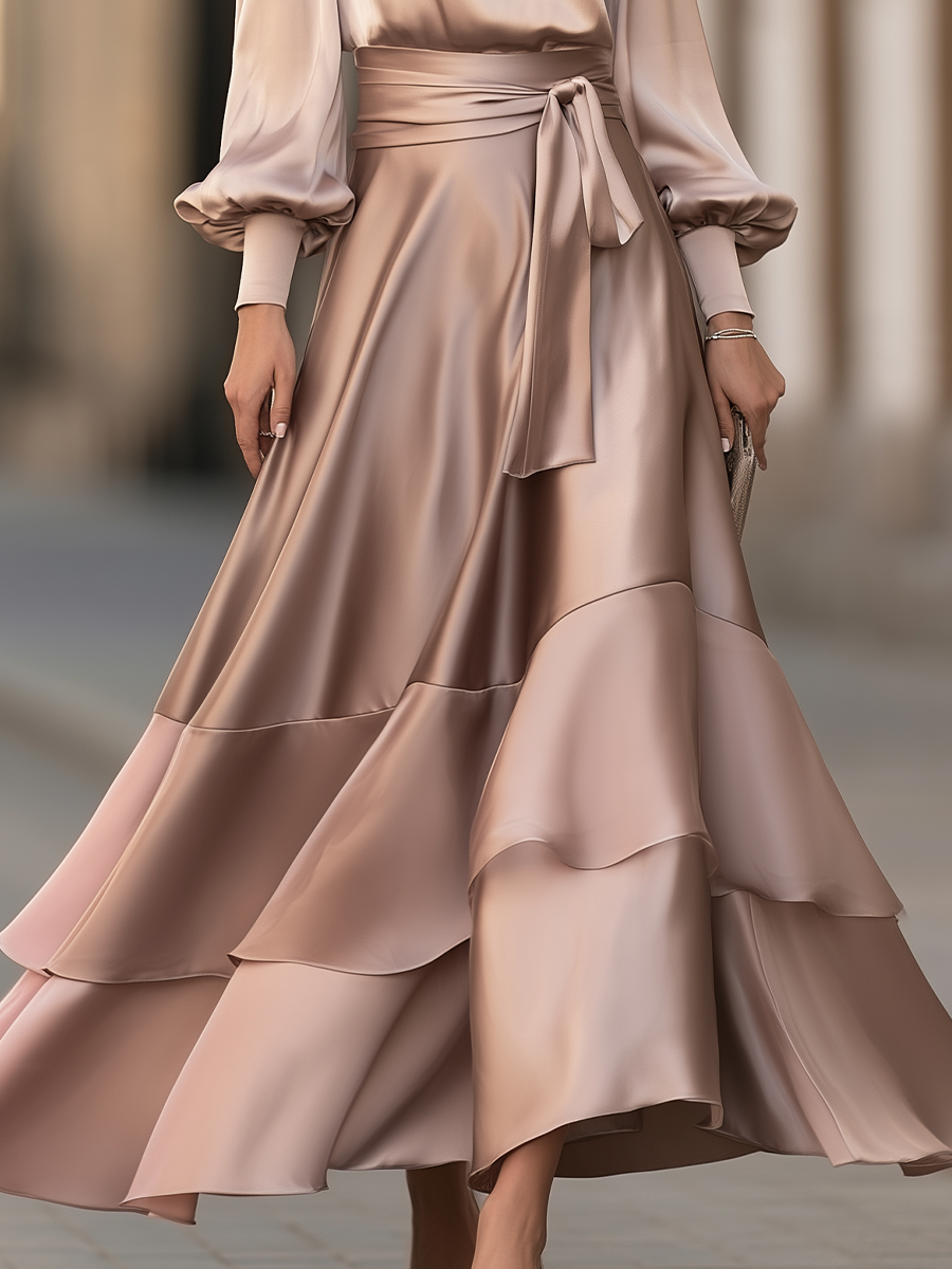 Bishop Sleeve Tie Waist Tiered Maxi Dress