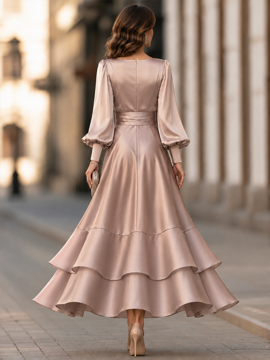 Bishop Sleeve Tie Waist Tiered Maxi Dress
