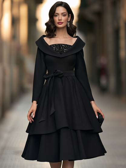 Shawl Collar Sequin Inset Tiered Midi Dress