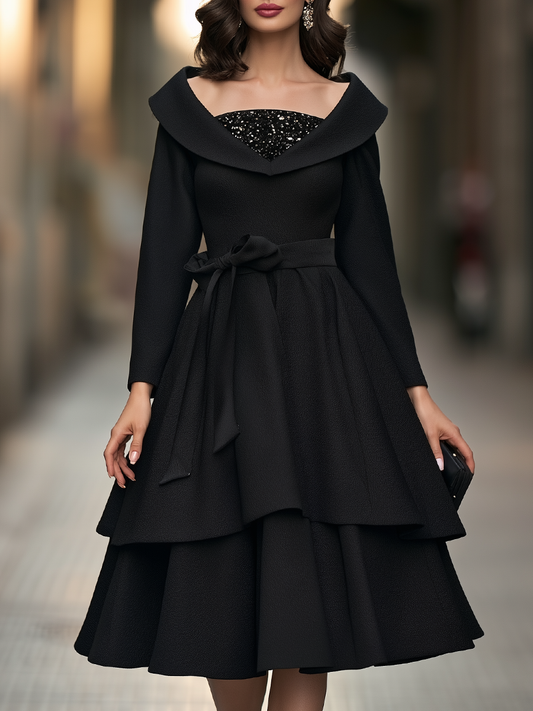Shawl Collar Sequin Inset Tiered Midi Dress