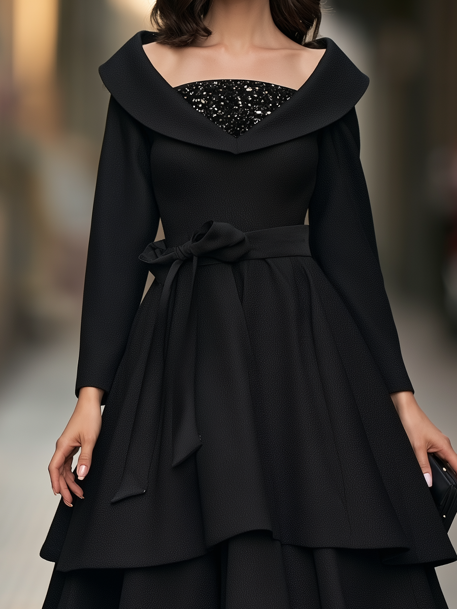 Shawl Collar Sequin Inset Tiered Midi Dress