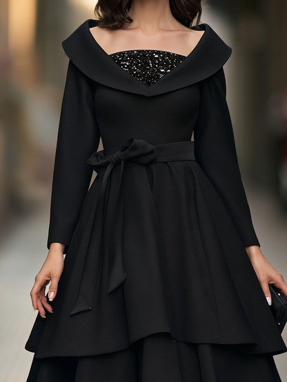 Shawl Collar Sequin Inset Tiered Midi Dress