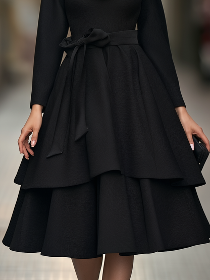 Shawl Collar Sequin Inset Tiered Midi Dress