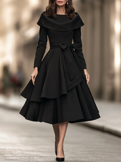Draped Collar Bow Waist Layered Midi Dress