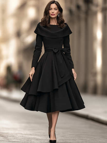 Draped Collar Bow Waist Layered Midi Dress