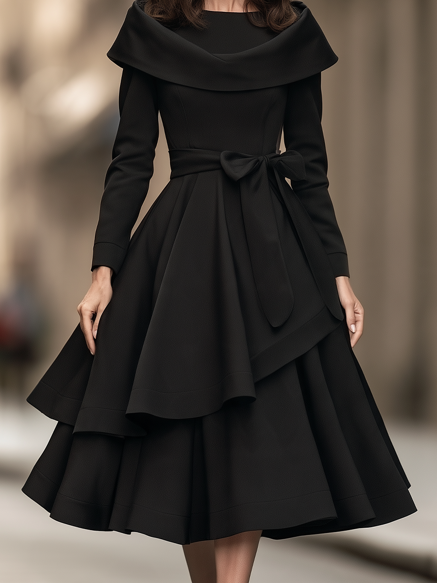 Draped Collar Bow Waist Layered Midi Dress