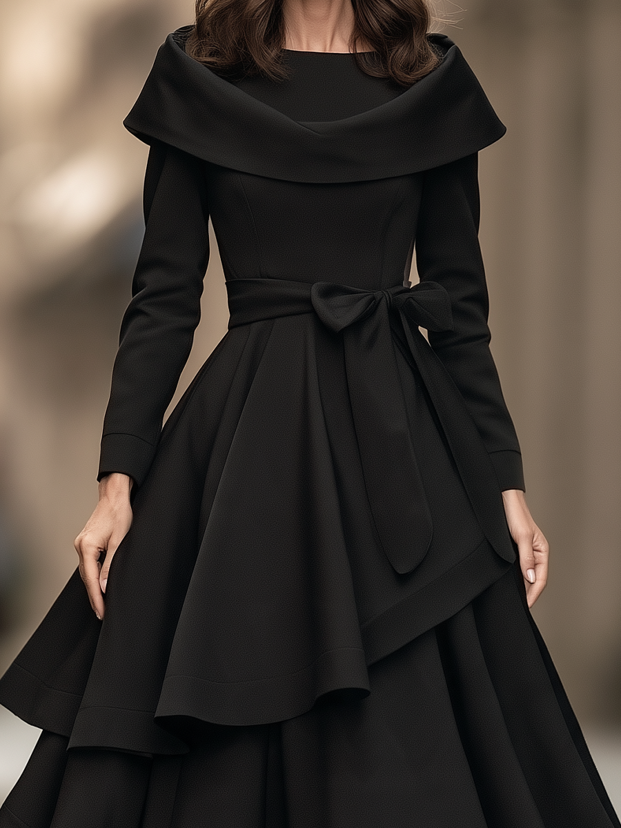 Draped Collar Bow Waist Layered Midi Dress