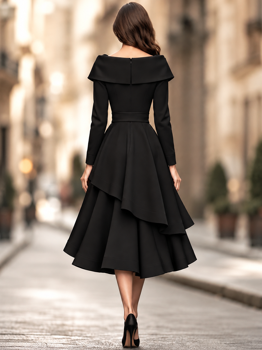 Draped Collar Bow Waist Layered Midi Dress