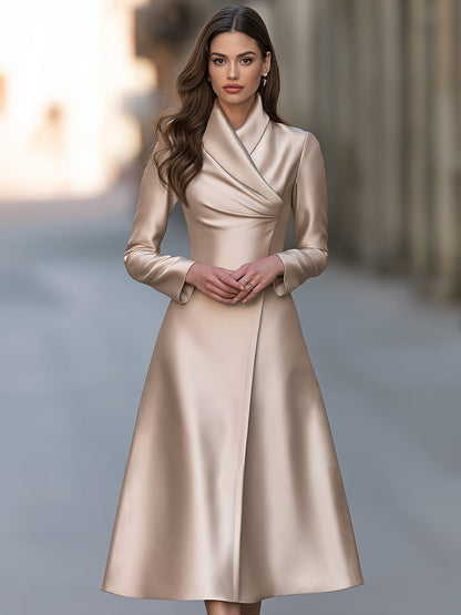 Elegant Champagne Satin Long Sleeve Wrap Front A-Line Maxi Dress