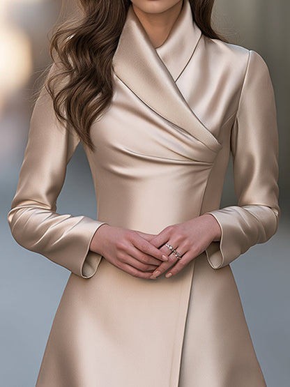 Elegant Champagne Satin Long Sleeve Wrap Front A-Line Maxi Dress
