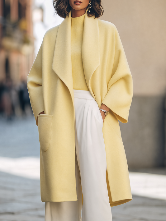 Pale Yellow Shawl Collar Oversized Wool Midi Coat