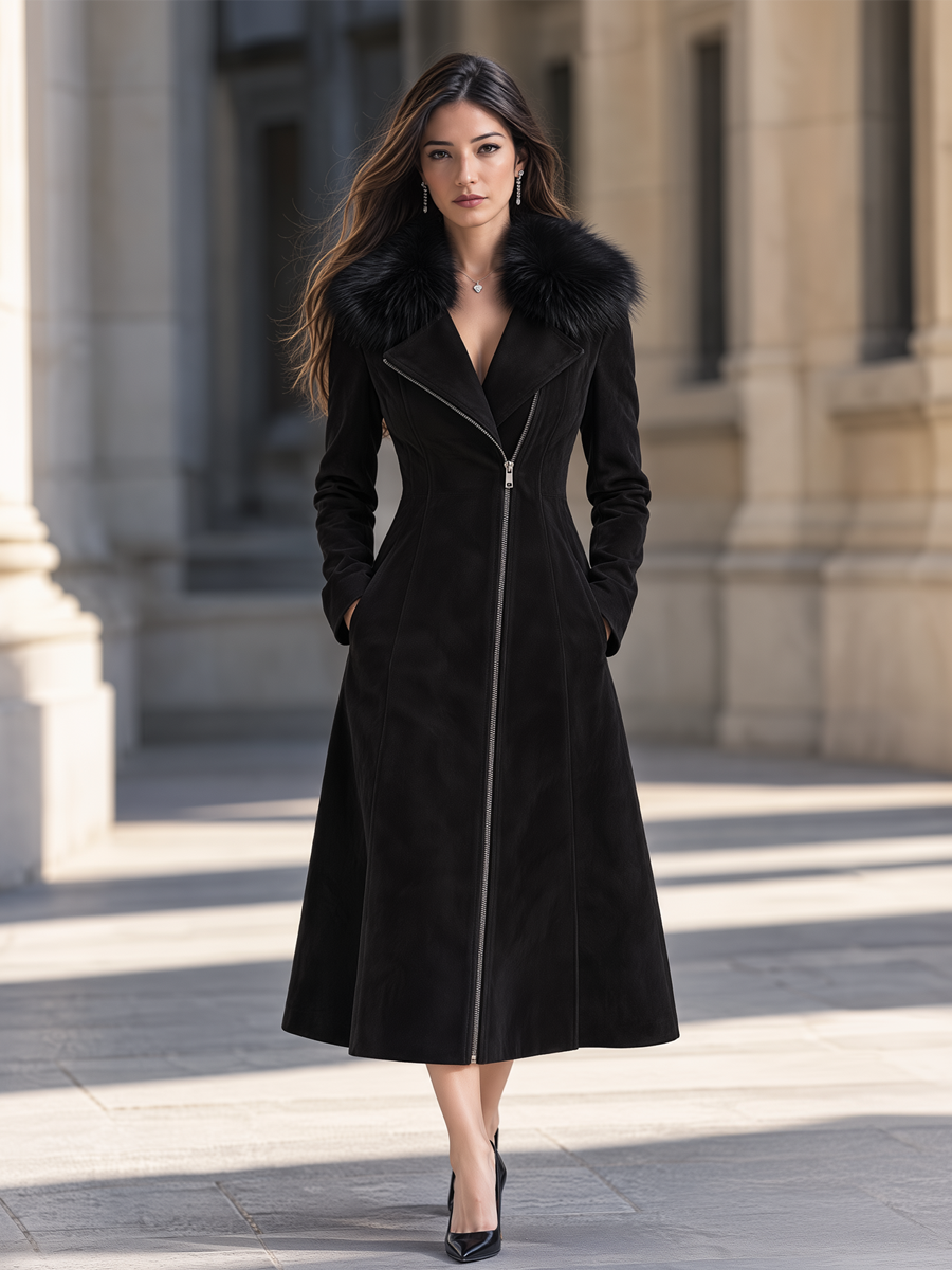 Elegant Furry Lapel Diagonal Zip Suede Slim Midi Coat
