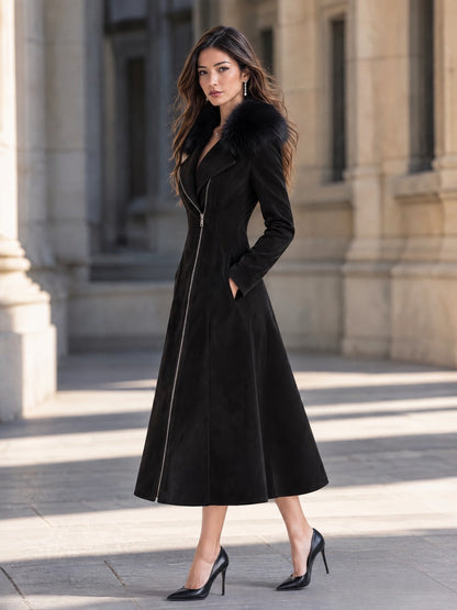 Elegant Furry Lapel Diagonal Zip Suede Slim Midi Coat
