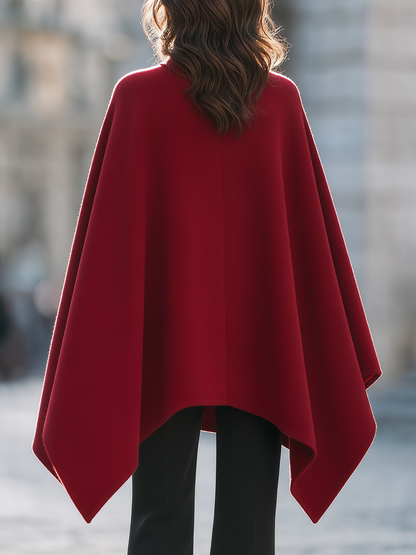 Burgundy Stand Collar Button Front Wool Cape Coat