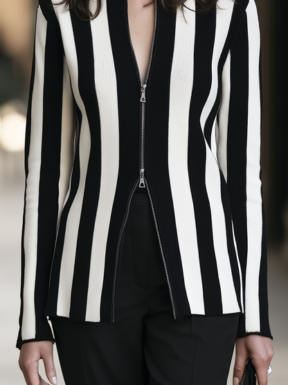 Vertical Stripe Zip-Front Knit Cardigan