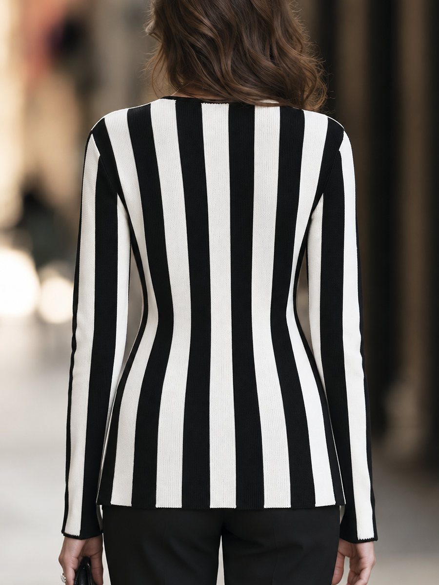 Vertical Stripe Zip-Front Knit Cardigan