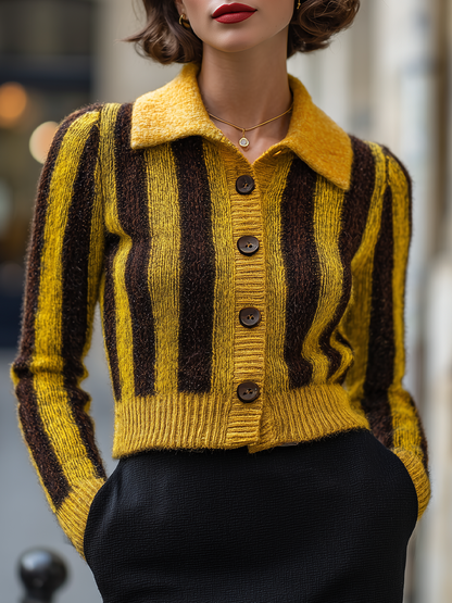 Yellow Brown Striped Collared Cropped Knit Cardigan