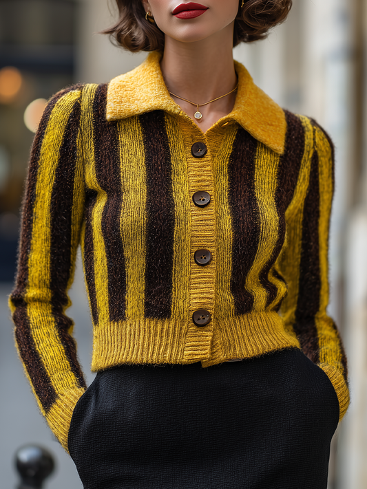 Yellow Brown Striped Collared Cropped Knit Cardigan